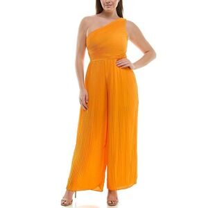 Nicole Miller NY Orange One Shoulder Pleated Wide Leg Jumpsuit Sz 14 Bold Bright